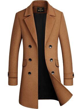 🆕 Men's Camel 1 Premium Wool Blend Double Breasted Imported Long Pea Coat